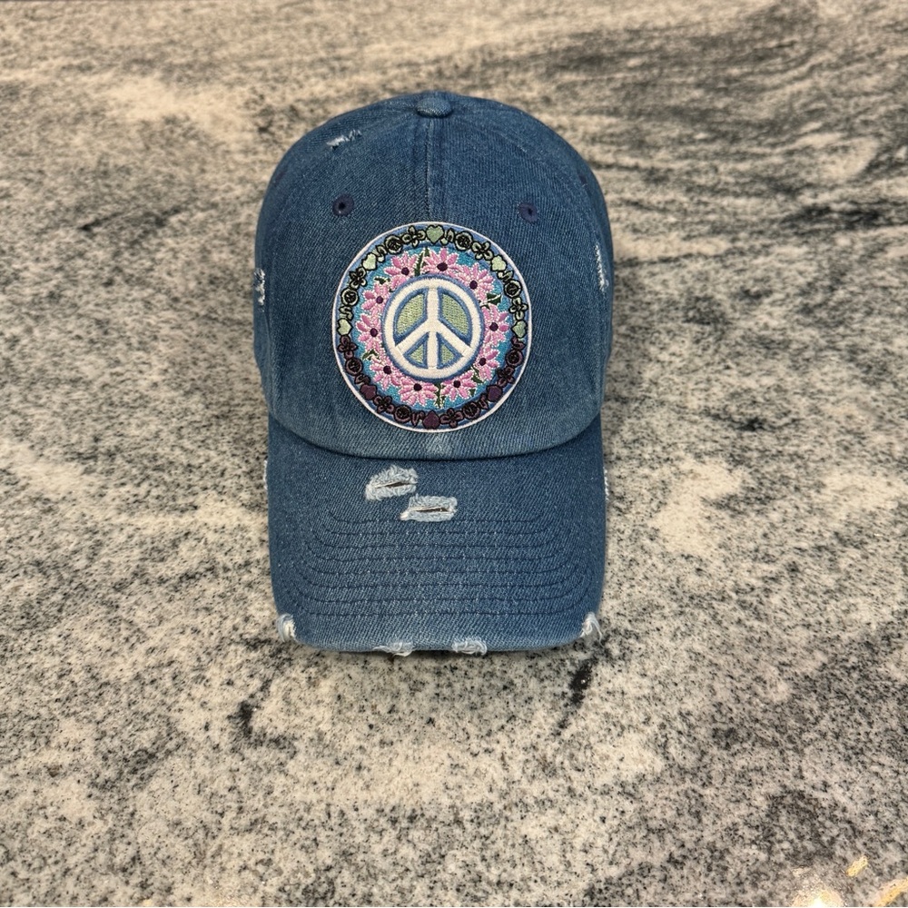 New Custom Designed Blue Distressed Baseball Cap w/ Floral Bordered Peace Sign